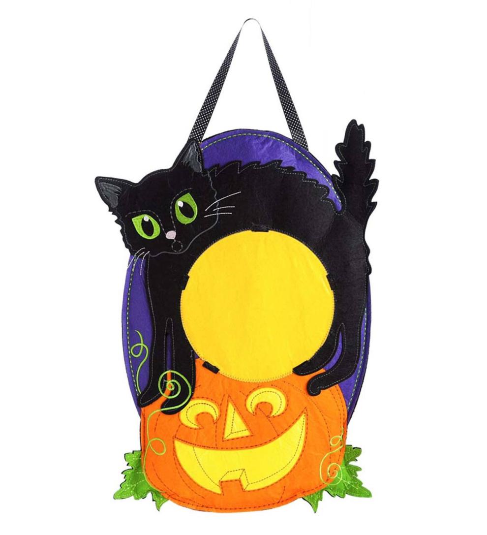 Plow & Hearth Home Accents Indoor Living Halloween Black Cat And Jack-O-Lantern Hanging Felt Door DÉCor