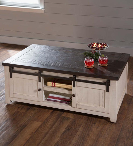 Plow & Hearth Accent Tables Indoor Living Cape Charles Reclaimed Wood Coffee/Cocktail Table With Sliding Barn Doors - White