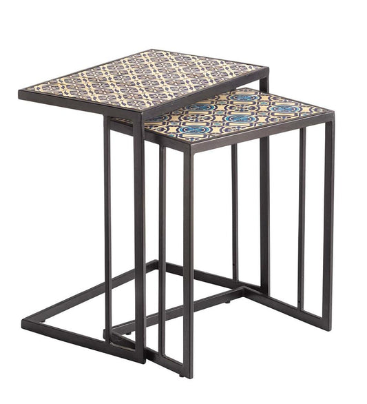 Plow & Hearth Accent Tables Indoor Living Handmade Ceramic Tile Nesting Tables, Set Of 2