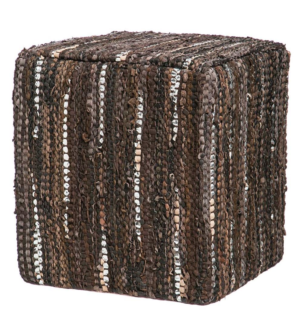 Plow & Hearth Accent Tables Indoor Living Patterned Leather Pouf Ottoman - Brown