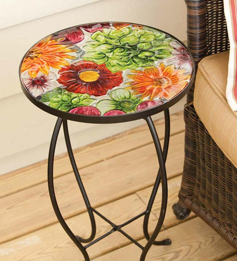 Plow & Hearth Accent Tables Indoor Living Summer Splash Floral Round Accent Table