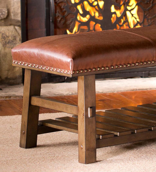 Plow & Hearth Bedroom Furniture Indoor Living Canyon Brown Leather And Wood Bench With Slatted Bottom Shelf