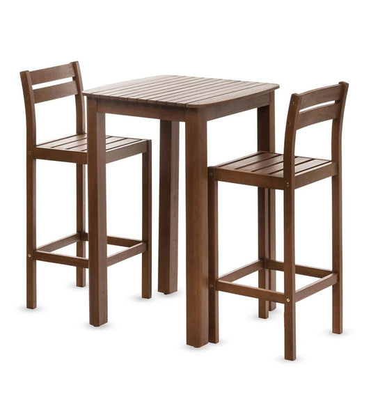 Plow & Hearth Benches & Chairs Outdoor Living Lancaster Eucalyptus Outdoor Bar Set With Table And 2 Bar Stools, 3-Piece Set - Natural