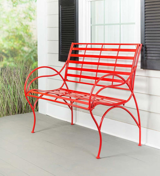 Plow & Hearth Benches & Chairs Outdoor Living Red Metal Slat-Seat Garden Bench - Red