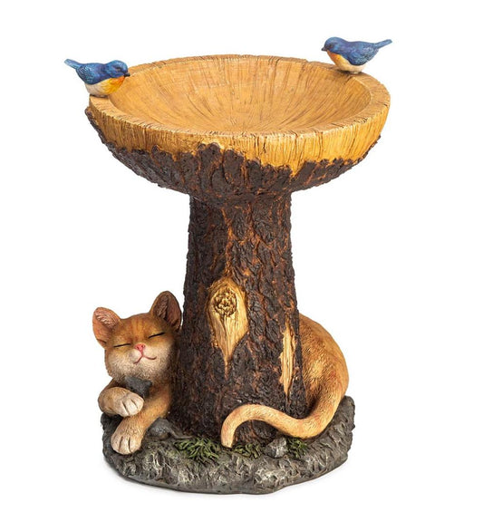 Plow & Hearth Birdbaths Yard & Garden Forty Winks Tree Stump Birdbath With Cat And Bluebirds