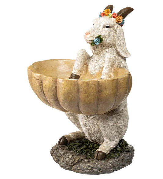 Plow & Hearth Birdbaths Yard & Garden Goat With Floral Crown Carved Birdbath