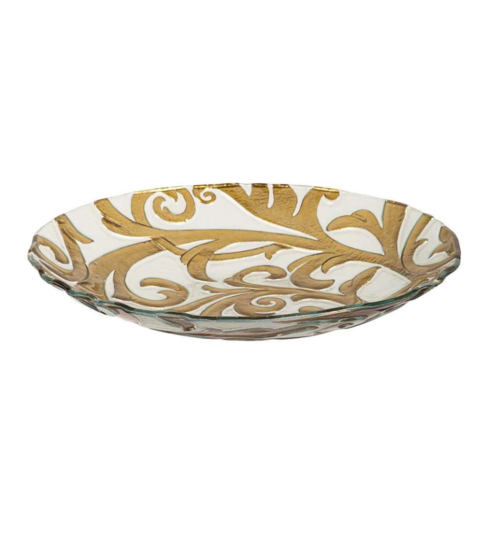 Plow & Hearth Birdbaths Yard & Garden Hand-Painted Golden Scroll Glass Bird Bath With Heater And Stand