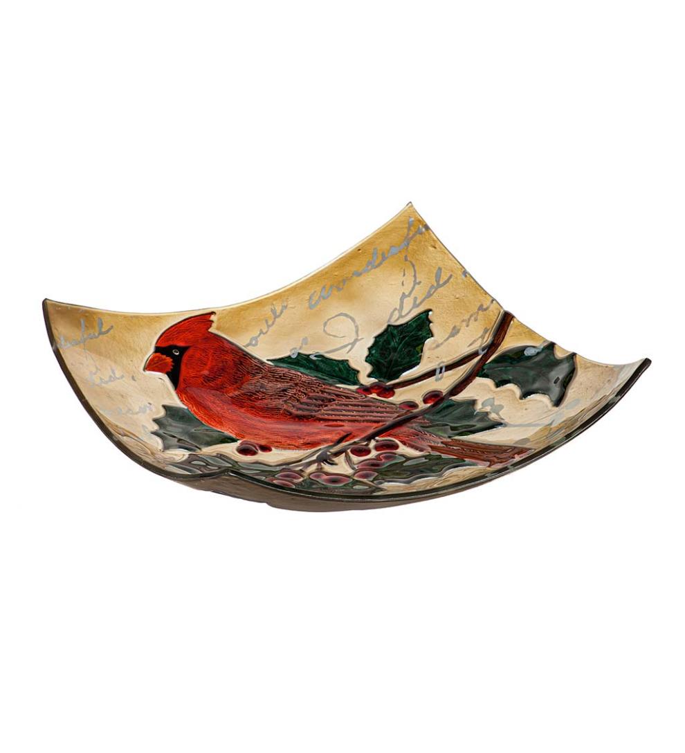 Plow & Hearth Birdbaths Yard & Garden Hand-Painted Holiday Cardinal Embossed Square Glass Bird Bath