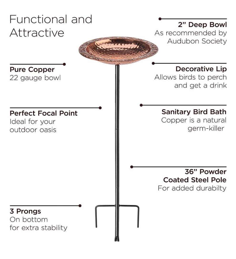 Plow & Hearth Birdbaths Yard & Garden Pure Copper Birdbath On Powder-Coated Steel Pole With Sturdy Three-Prong Stake