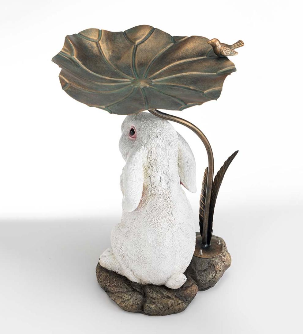 Plow & Hearth Birdbaths Yard & Garden Stone-Look Bunny Birdbath With Metal Leaf Basin