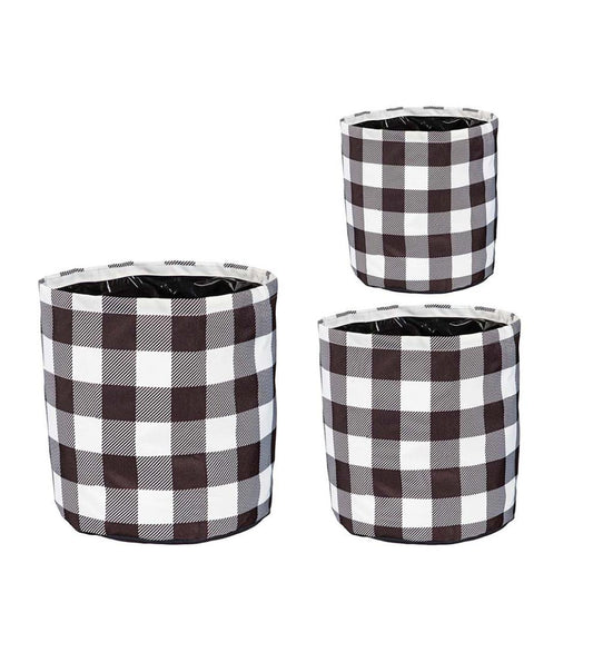 Plow & Hearth Deck & Patio Accents Outdoor Living Black And White Buffalo Check Plaid Round Fabric Planters, Set Of 3