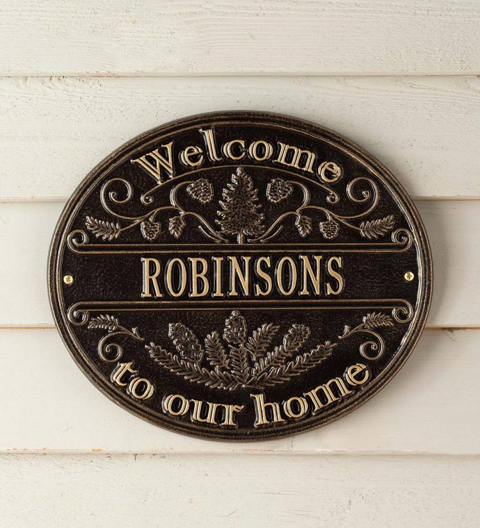 Plow & Hearth Deck & Patio Accents Outdoor Living Cast Aluminum Personalized Pine Welcome Wall Plaque - Copper