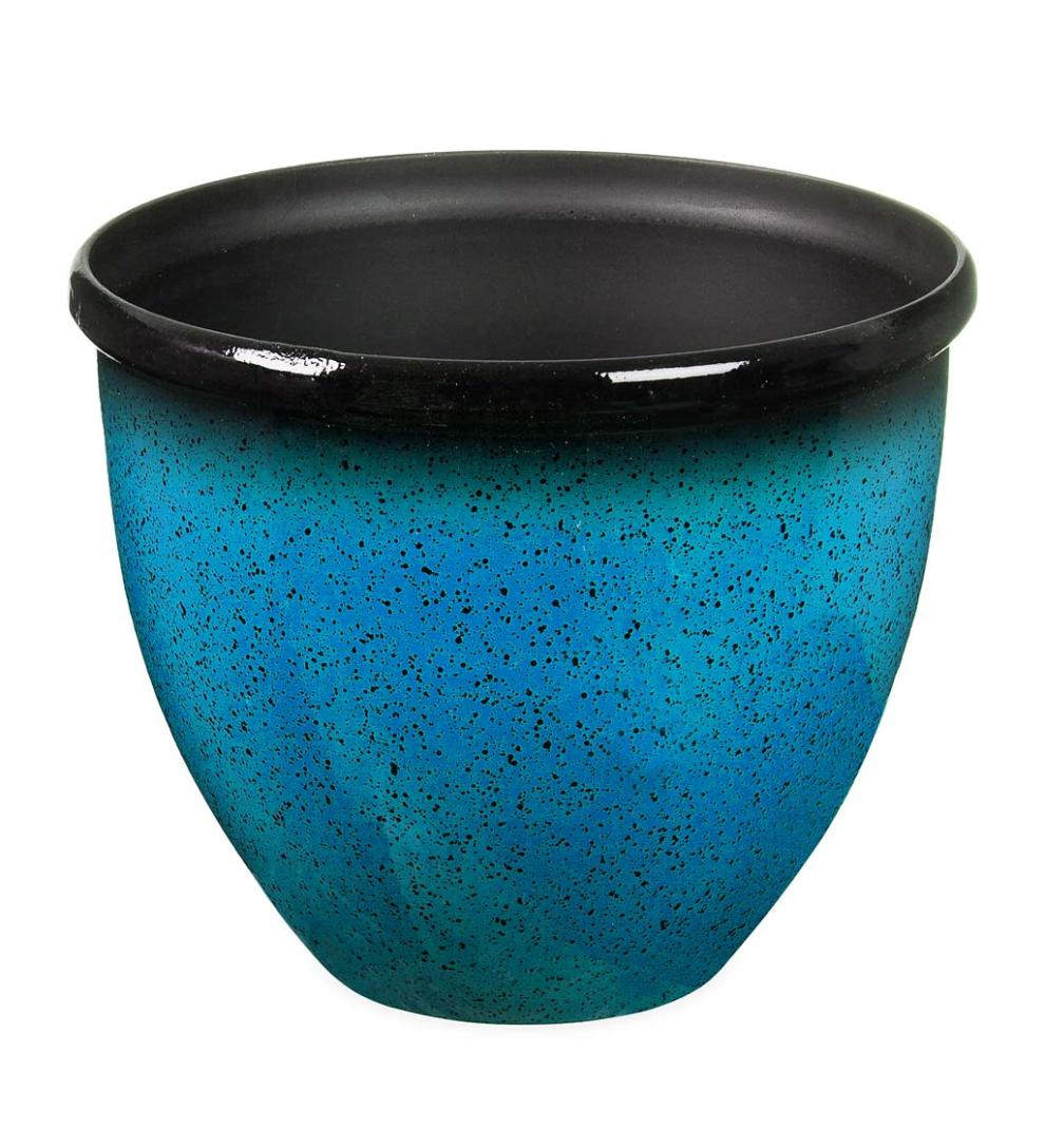 Plow & Hearth Deck & Patio Accents Outdoor Living Colorful Faux Glazed Ceramic Self-Watering Planter - Blue