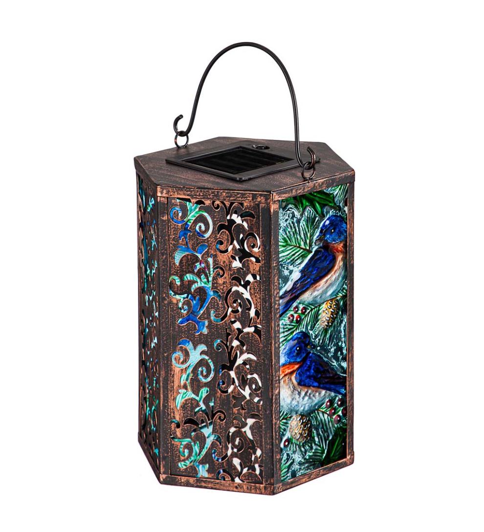 Plow & Hearth Deck & Patio Accents Outdoor Living Hand-Painted Bluebird Embossed Glass Solar Lantern