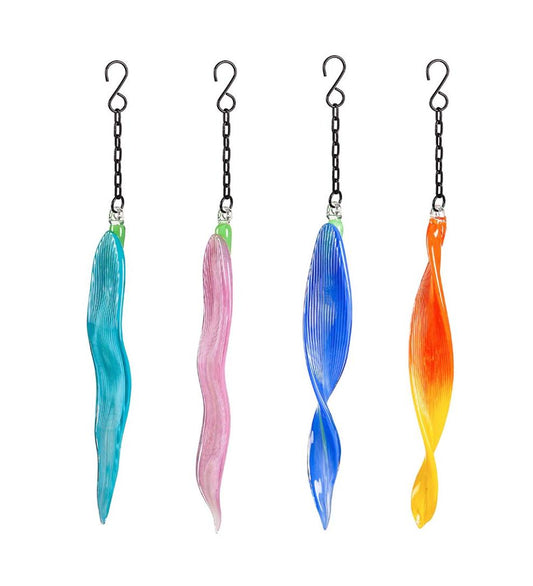 Plow & Hearth Deck & Patio Accents Outdoor Living Handcrafted Abstract Hanging Art Glass Ribbon Ornaments, Set Of 4