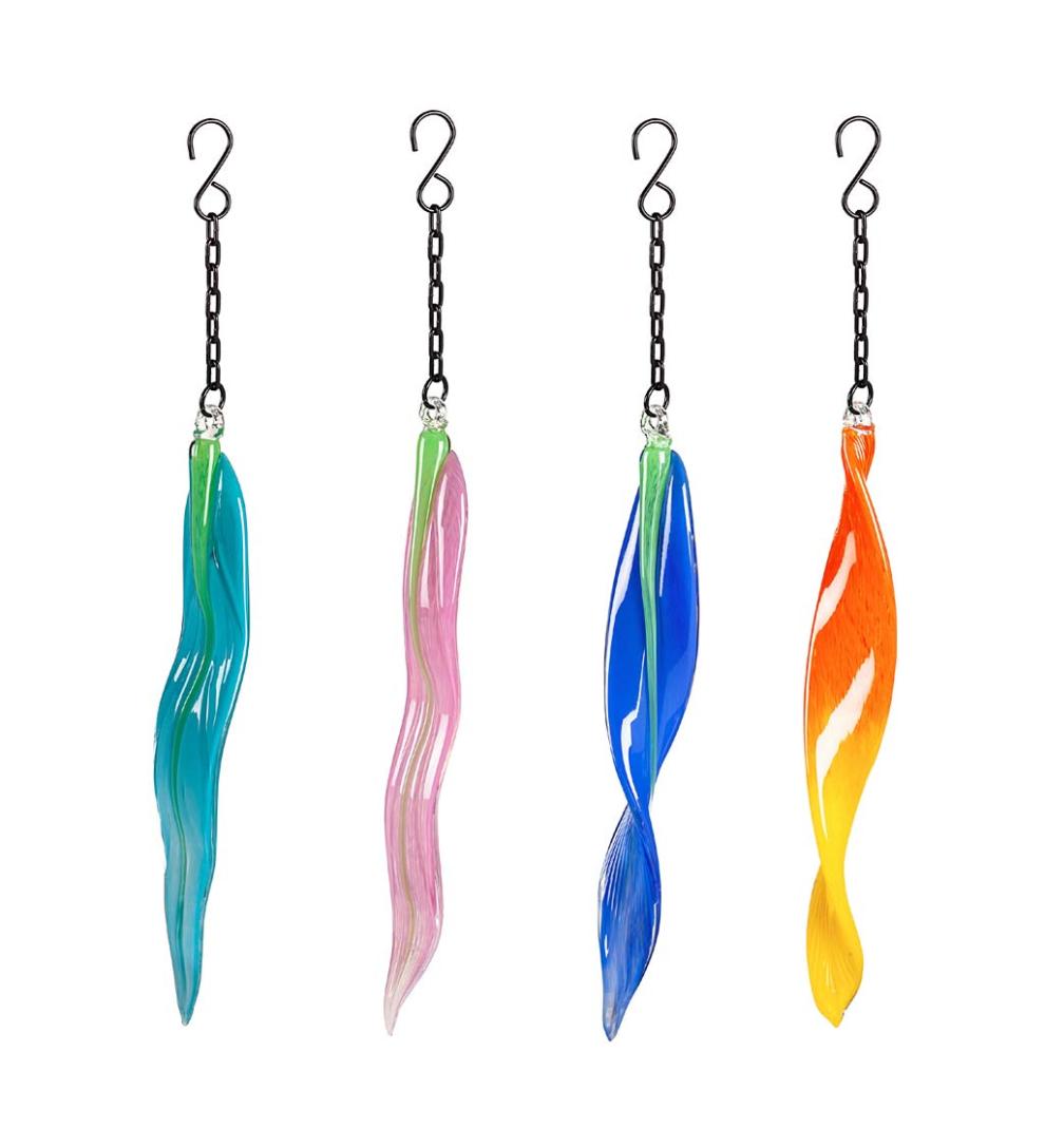 Plow & Hearth Deck & Patio Accents Outdoor Living Handcrafted Abstract Hanging Art Glass Ribbon Ornaments, Set Of 4