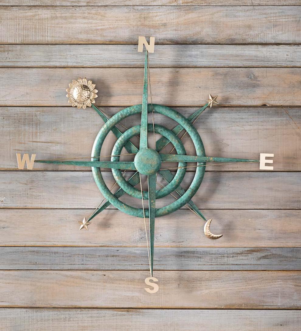 Plow & Hearth Deck & Patio Accents Outdoor Living Indoor/Outdoor Verdigris Metal Compass Wall Art