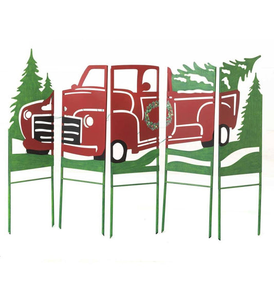 Plow & Hearth Deck & Patio Accents Outdoor Living Vintage Red Antique Truck Lighted Landscape Panel Stakes, Set Of 5