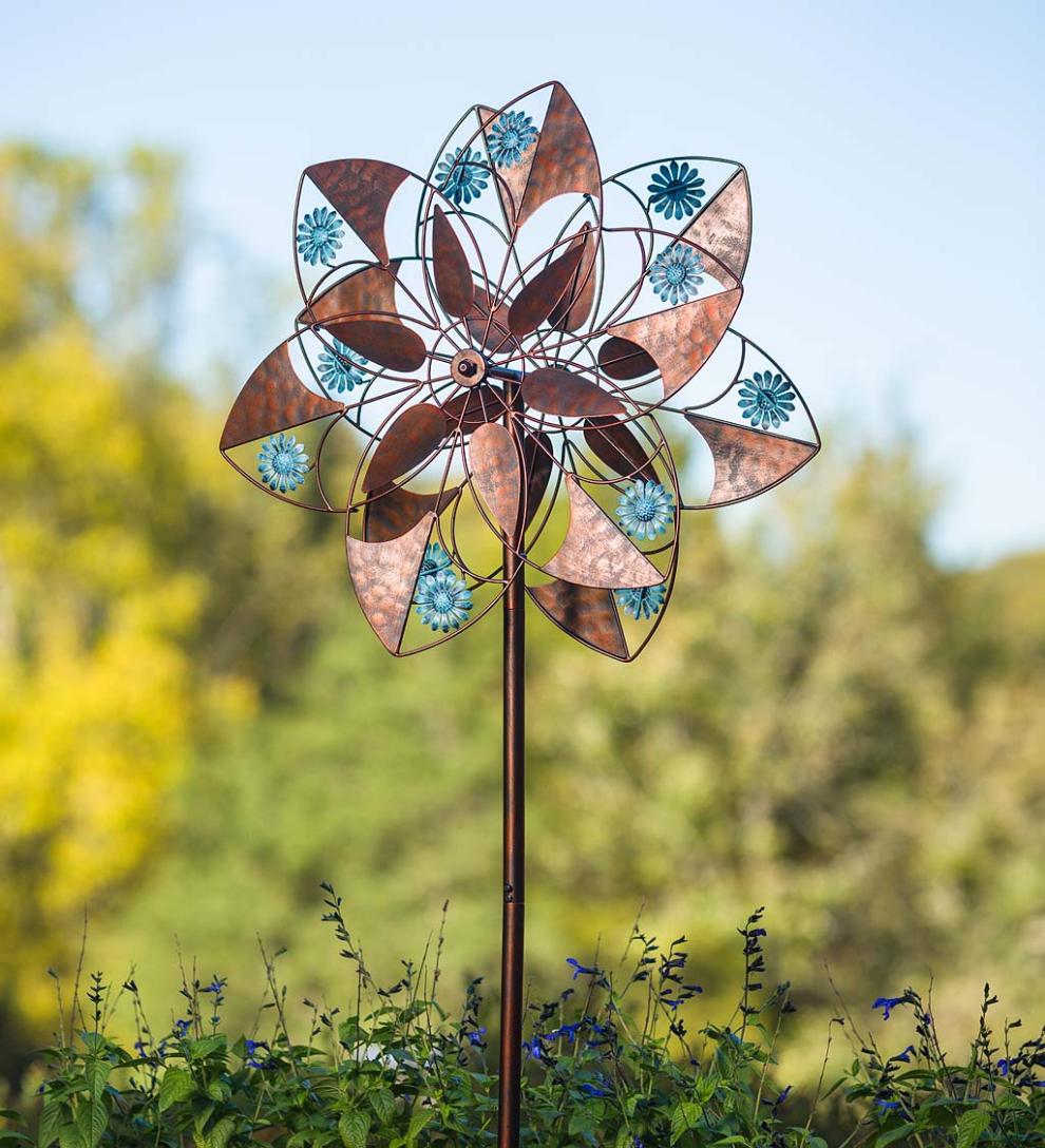 Plow & Hearth Decorative Garden Accents Yard & Garden Blue Daisies Copper Flower Metal Wind Spinner