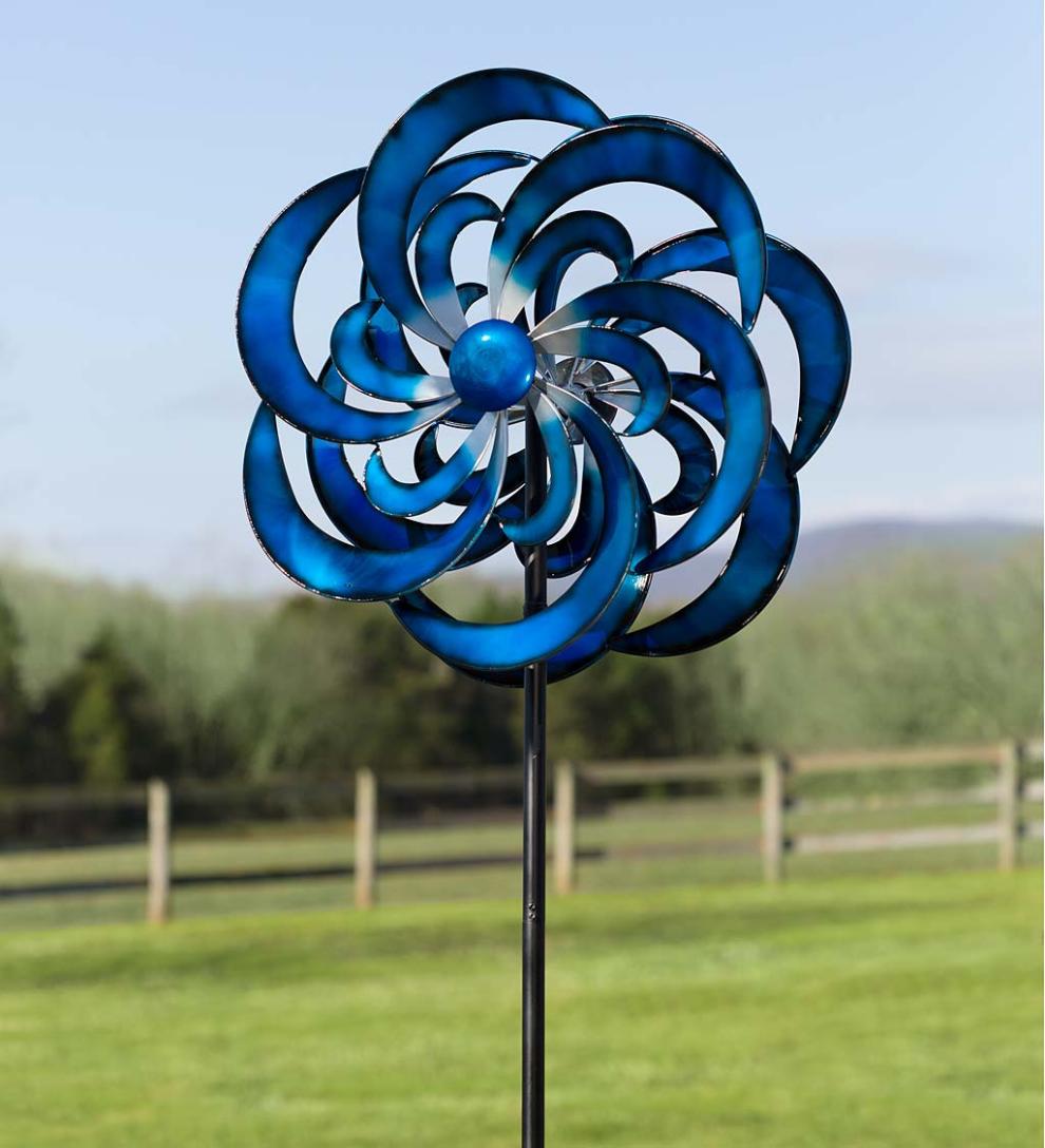 Plow & Hearth Decorative Garden Accents Yard & Garden Blue Waves Metal Wind Spinner - Blue
