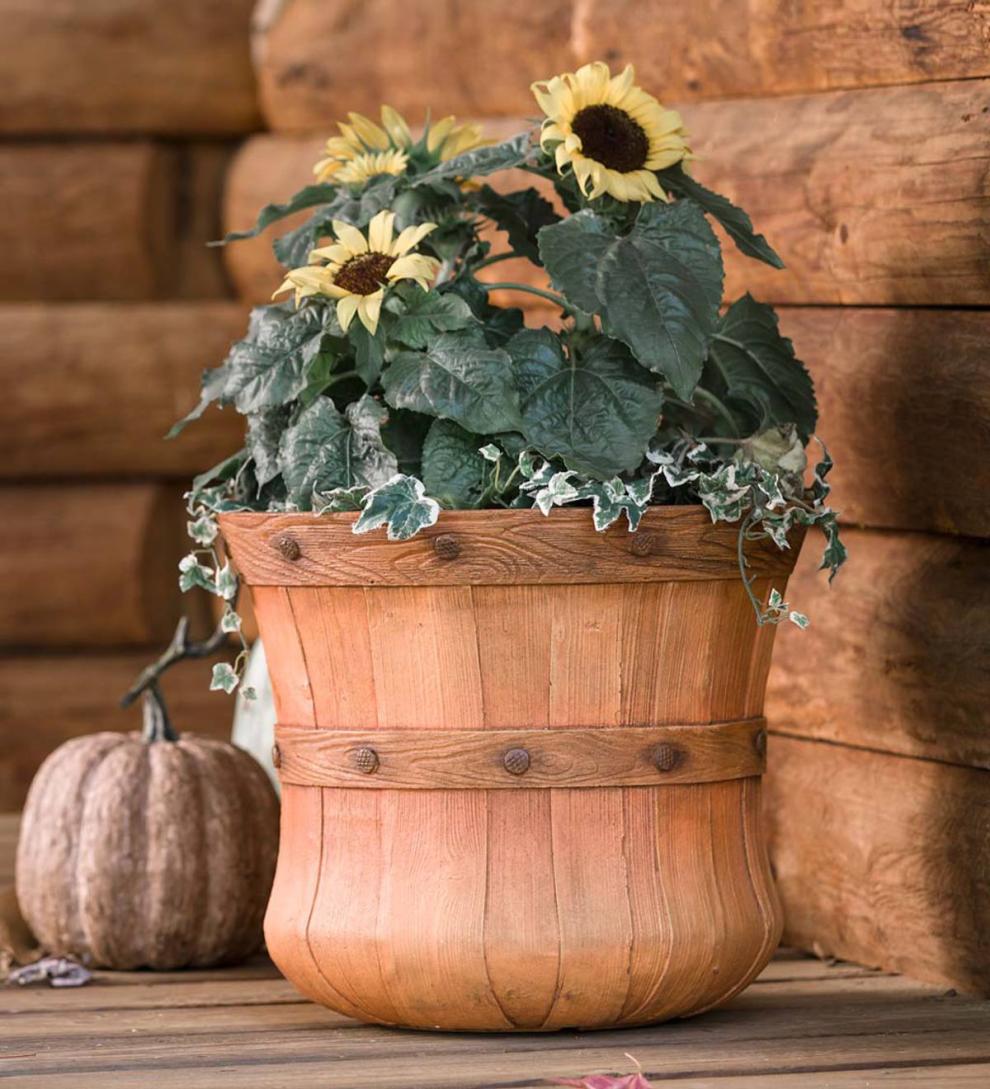 Plow & Hearth Decorative Planters Yard & Garden Small Faux Wood Bushel Basket Planter