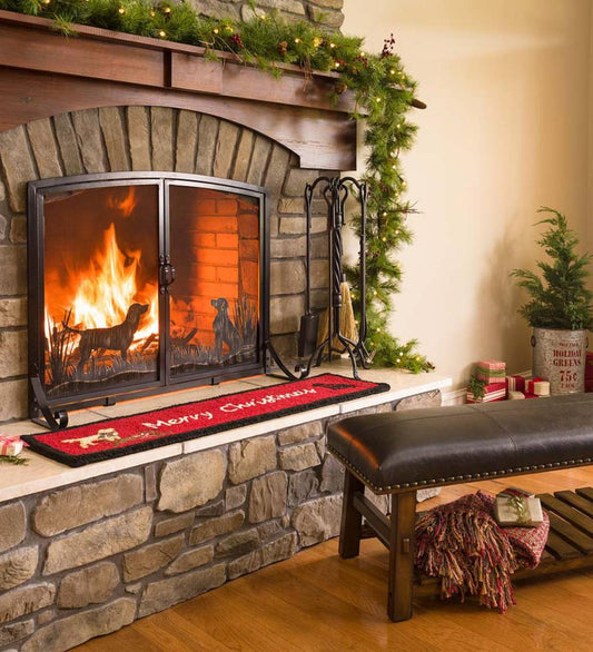 Plow & Hearth Fireplace & Mantel Décor Fireplace & Hearth Hooked Wool Merry Christmas Labs Hearth Runner - Red