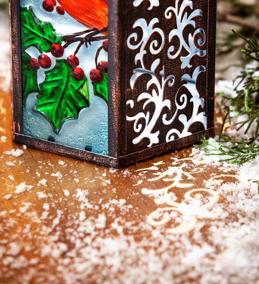 Plow & Hearth Garden Accents Yard & Garden Hand-Painted Holiday Cardinal Embossed Glass Solar Lantern