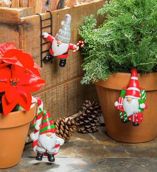 Plow & Hearth Garden Accents Yard & Garden Holiday Gnome Pot Percher, Set Of 3