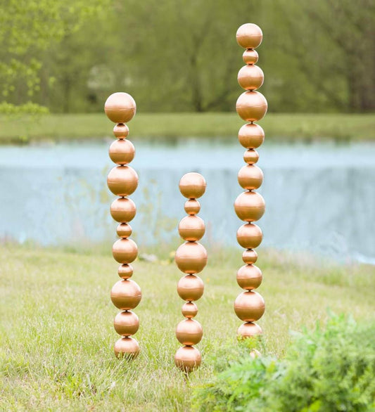 Plow & Hearth Garden Accents Yard & Garden Metal Tower Garden Stakes With Multiple Sized Spheres, Set Of 3 - Bronze