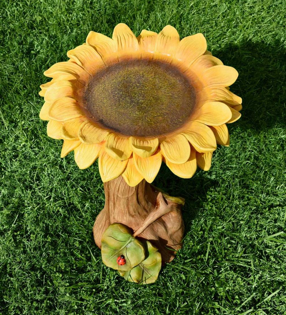 Plow & Hearth Garden Accents Yard & Garden Sunflower With Leaves And Ladybug Carved Resin Birdbath