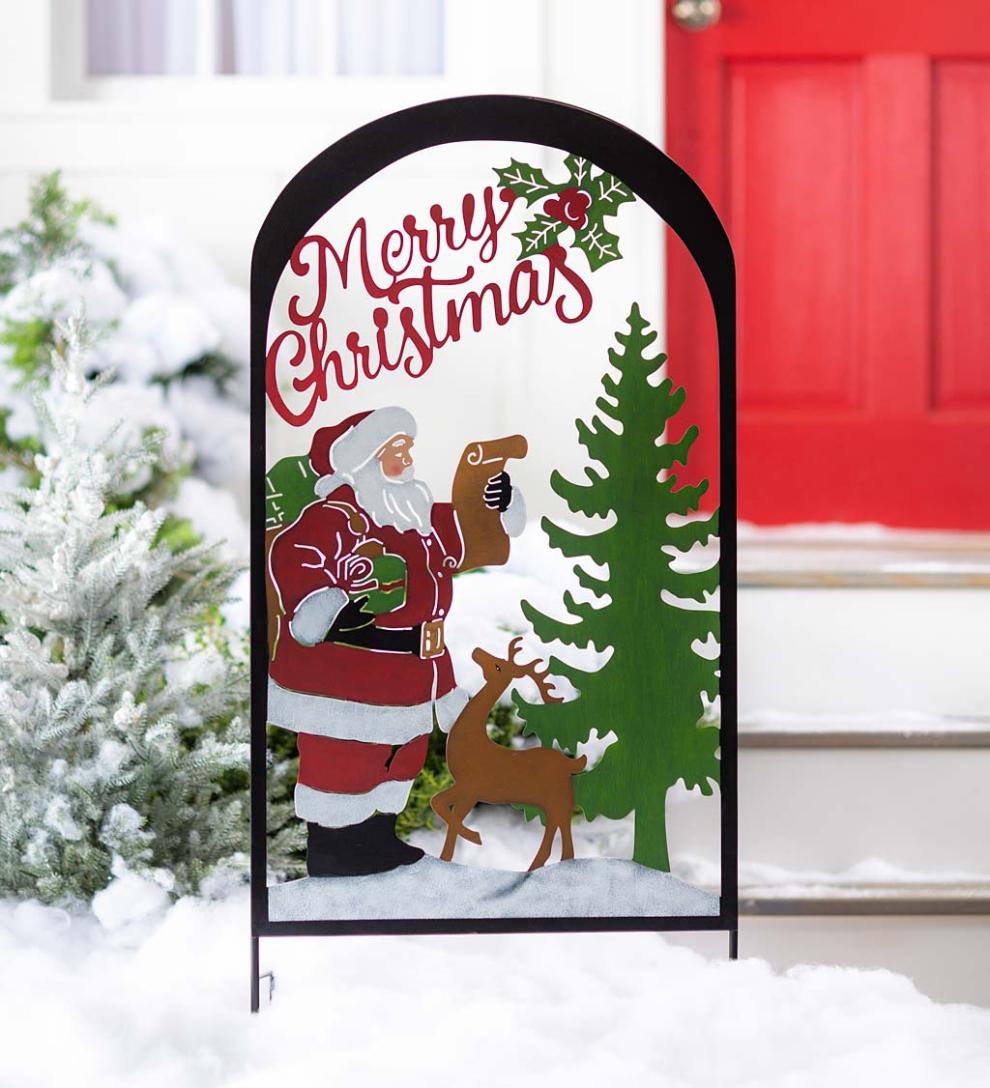 Plow & Hearth Garden Stakes Yard & Garden Colorful Painted Santa And Reindeer Metal Garden Trellis Stake