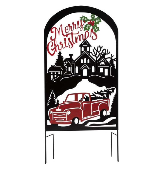 Plow & Hearth Garden Stakes Yard & Garden Merry Christmas Vintage Truck Metal Holiday Trellis