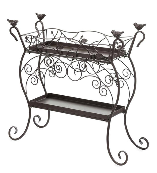 Plow & Hearth Garden Tools Yard & Garden Two-Shelf Cast Iron Plant Stand With Birds