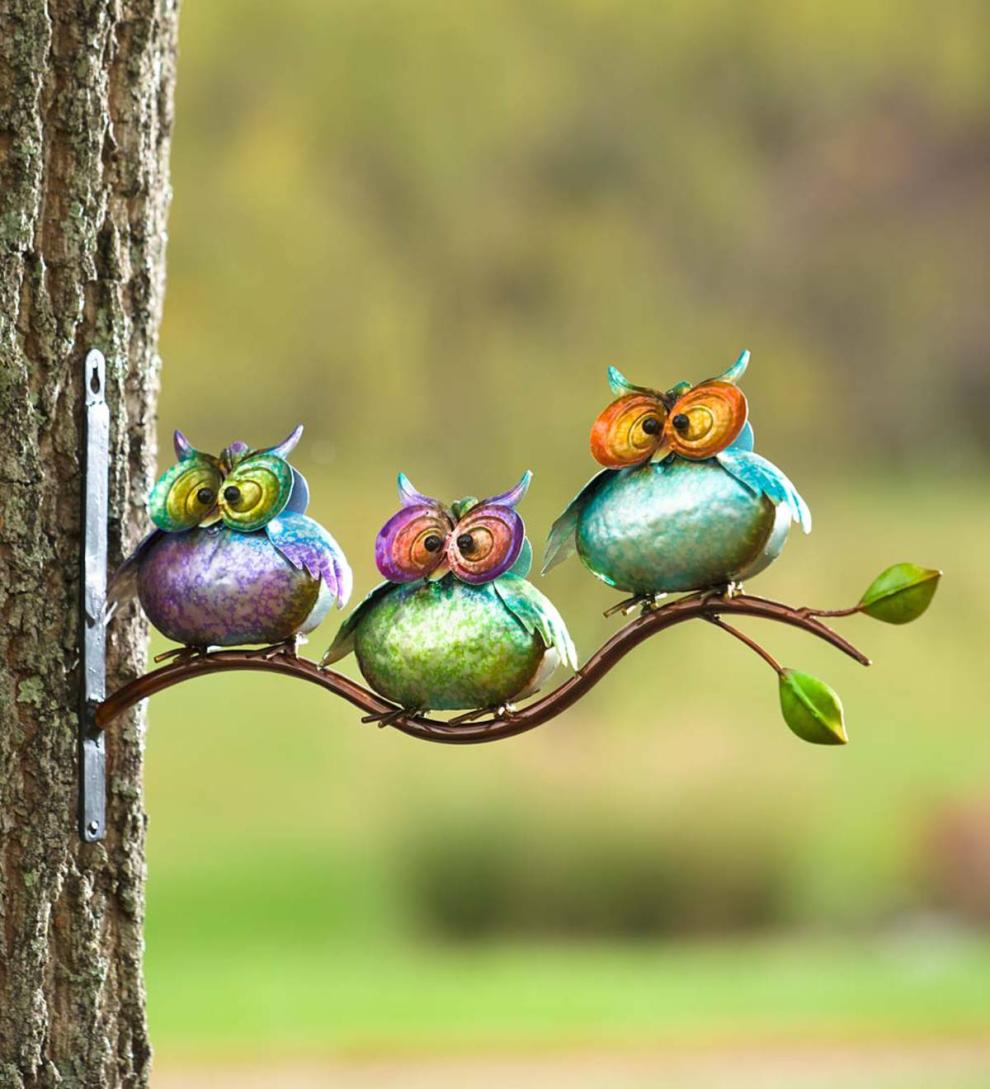 Plow & Hearth Home Accents Indoor Living 3 Metal Owls On Branch Wall Art
