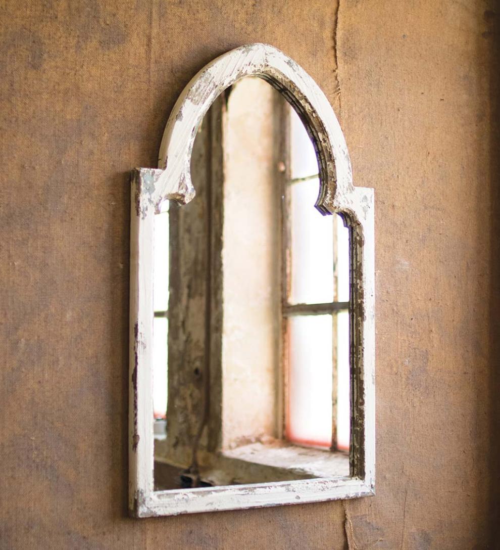 Plow & Hearth Home Accents Indoor Living Rustic White Wood Arched Framed Mirror With Gold Accent