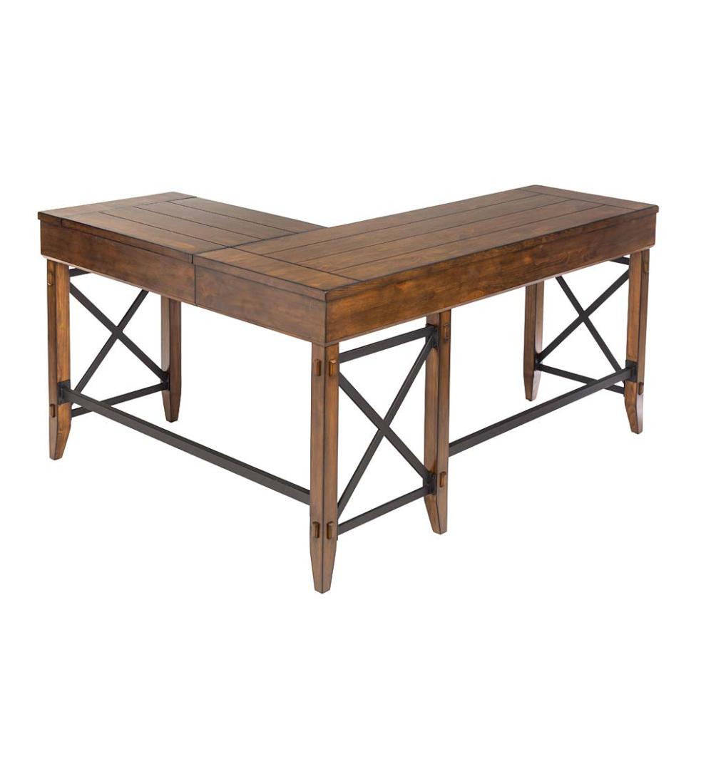 Plow & Hearth Home Office Indoor Living L-Shaped Lift Desk With Two Height Settings And Drawer