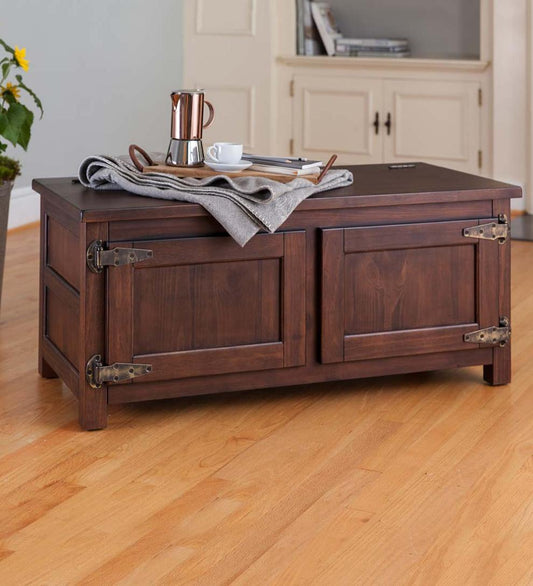 Plow & Hearth Home Office Indoor Living Portland Ice Box Wood Coffee Table/Bench With Replica Hardware - Walnut