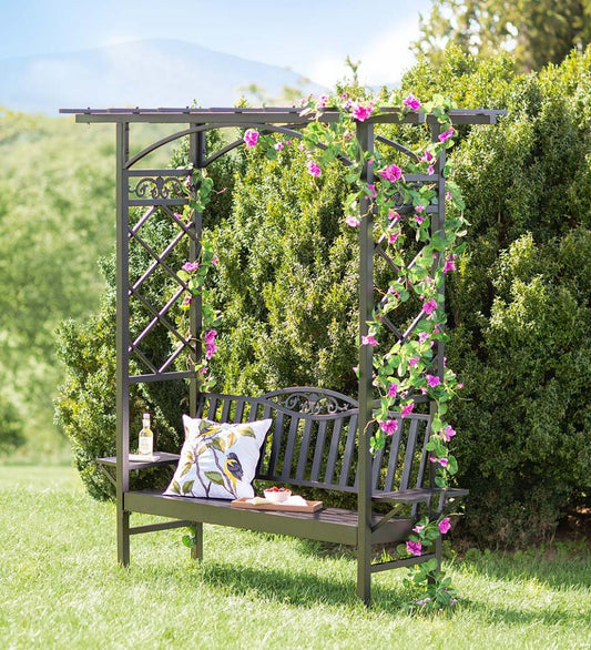 Plow & Hearth Metal Furniture Outdoor Living Cast Aluminum Arbor Bench Pergola With Side Tables - Black