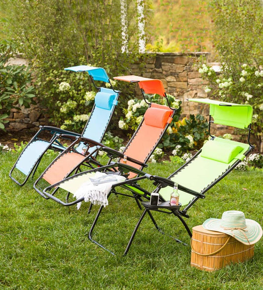 Plow & Hearth Metal Furniture Outdoor Living Deluxe Zero Gravity Chair With Awning, Table And Drink Holder - Check