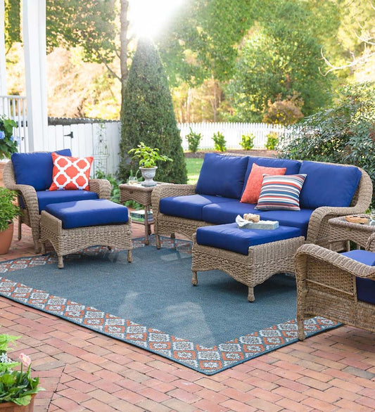 Plow & Hearth Outdoor Wicker Outdoor Living Prospect Hill Outdoor Wicker Deep Seating Sofa Set With Cushions - Cloud White With Forest Green Cushions