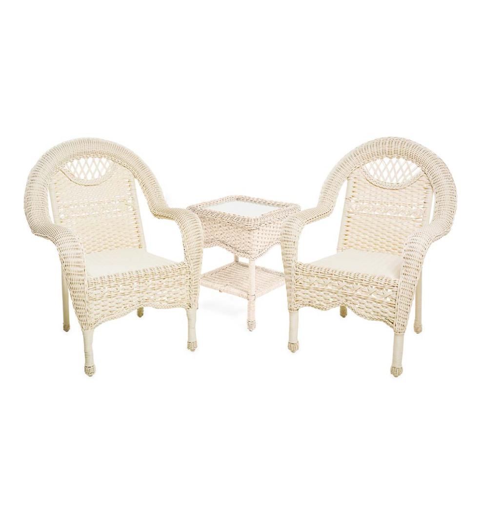 Plow & Hearth Outdoor Wicker Outdoor Living Prospect Hill Wicker Set Of Two Chairs And End Table - Cloud White