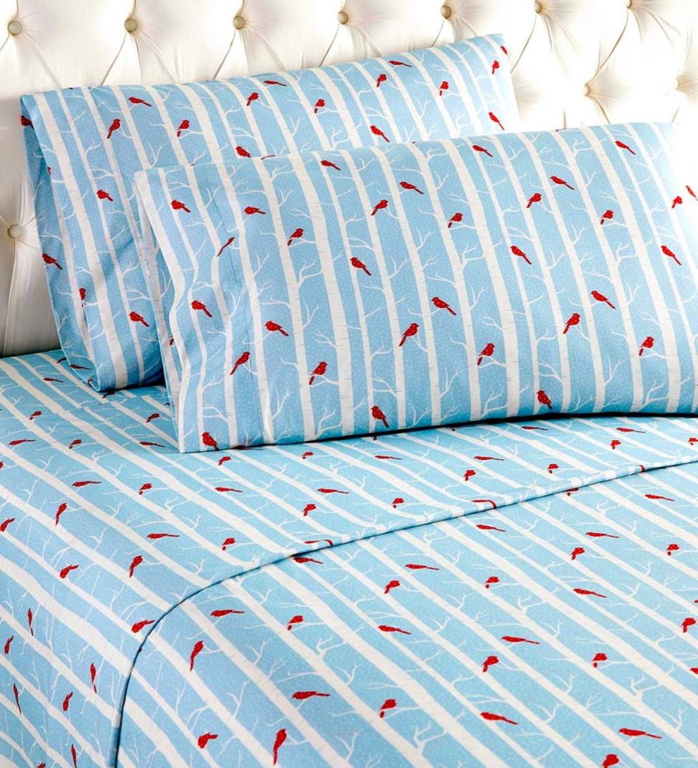 Plow & Hearth Sheets Indoor Living Cardinals On Blue Background Micro Flannel Sheet Set