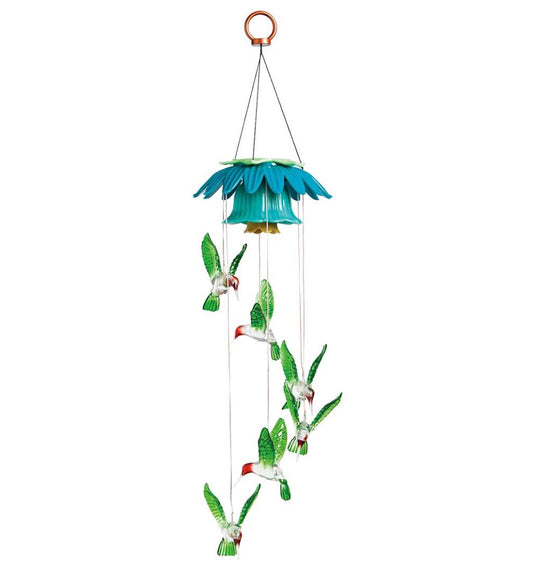 Plow & Hearth Wind Chimes & Mobiles Outdoor Living Color Changing Hummingbirds Solar Mobile With Flower Top