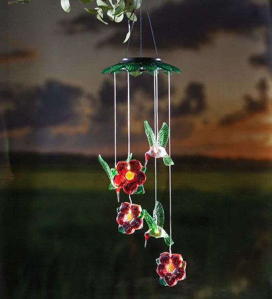 Plow & Hearth Wind Chimes & Mobiles Outdoor Living Color Changing Solar Mobile With Hummingbirds And Flowers
