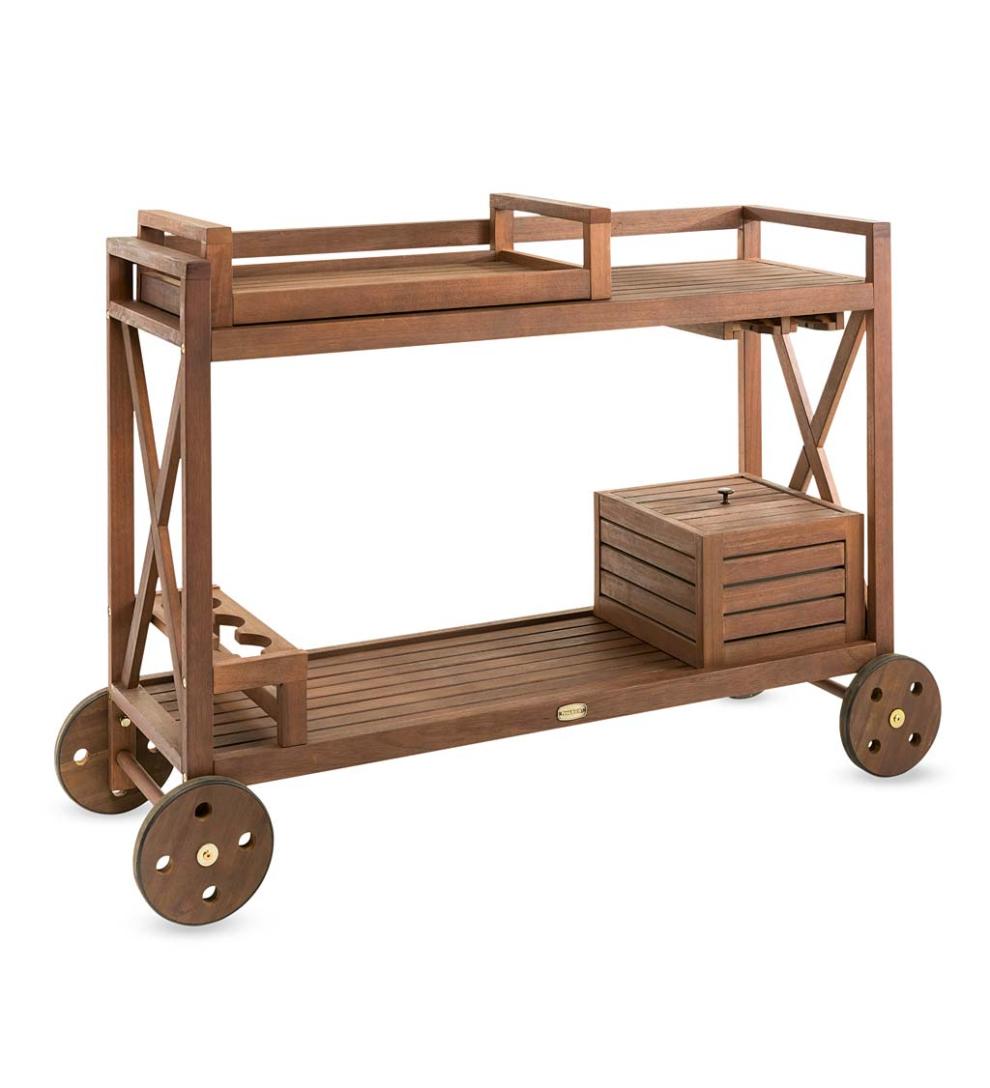 Plow & Hearth Wood Furniture Outdoor Living Claremont Eucalyptus Rolling Outdoor Bar Cart - Natural