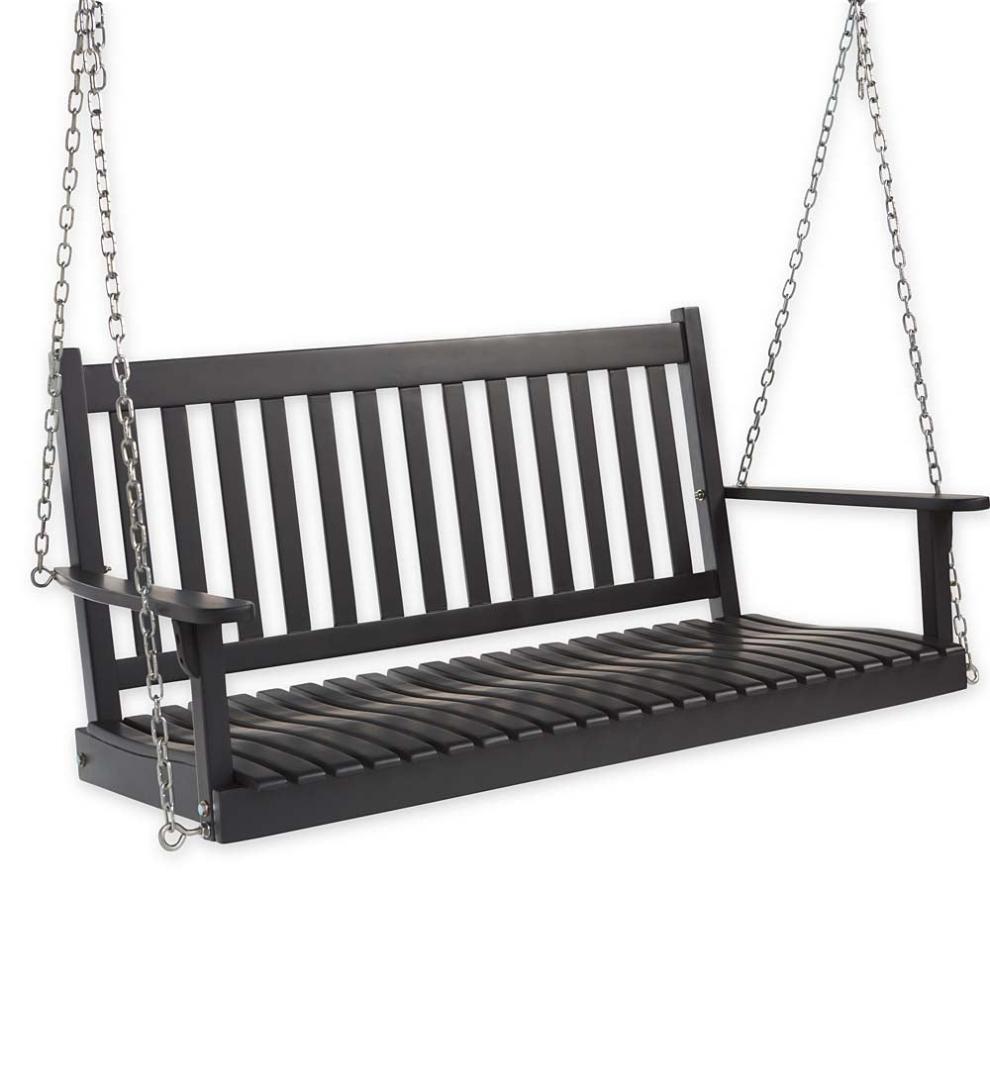 Plow & Hearth Wood Furniture Outdoor Living Slatted Wood Porch Swing - Black Paint