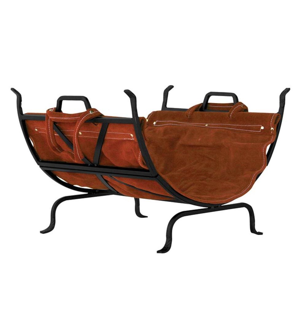 Plow & Hearth Wood Storage & Wood Racks Fireplace & Hearth Black Wrought Iron Log Holder With Leather Carrier - Black