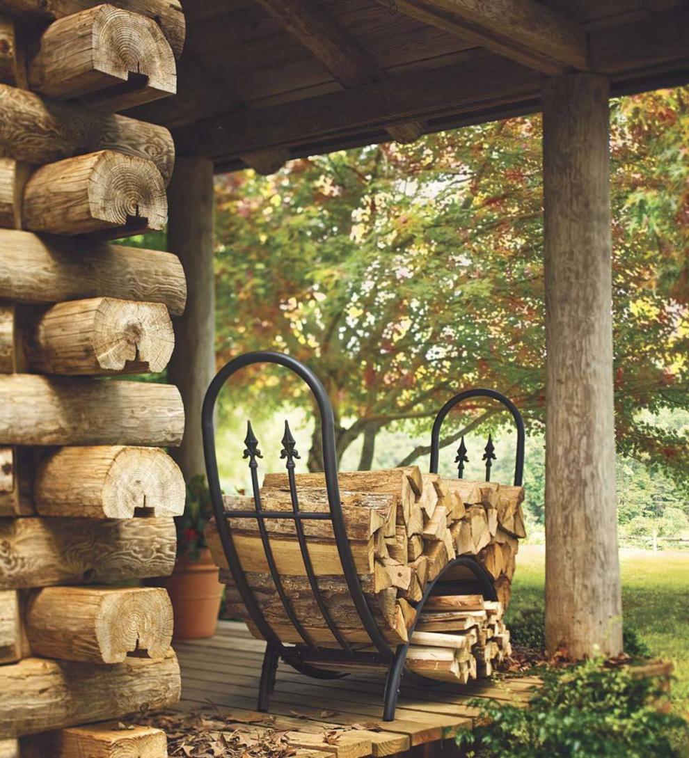 Plow & Hearth Wood Storage & Wood Racks Fireplace & Hearth Steel And Wrought Iron Curved Wood Rack With Finials And Optional Cover