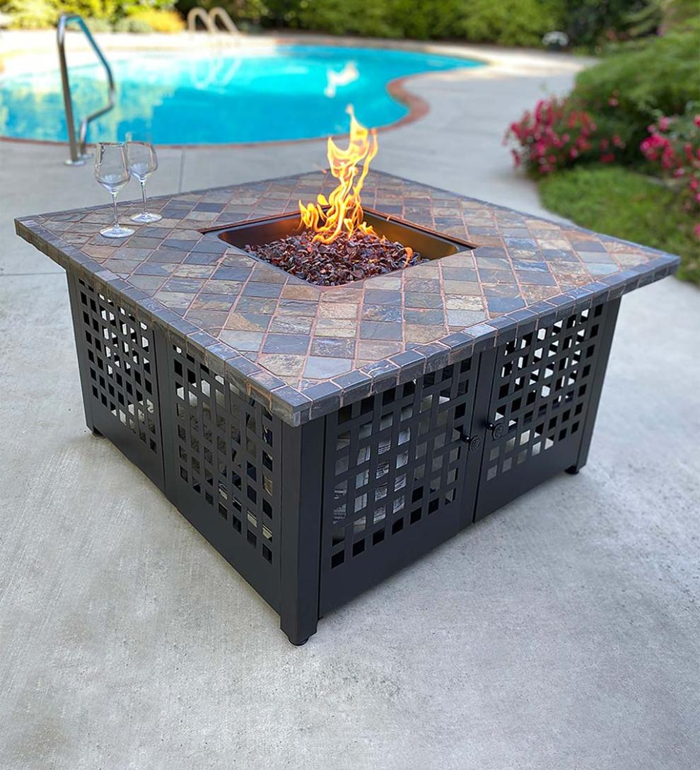 Plow & Hearth Fire Pits Fireplace & Hearth Kingsbury Outdoor Lp Gas Fire Pit With Slate And Marble Tile Mantel, 42"