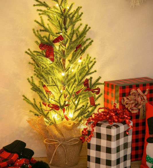 Plow & Hearth Home Accents Indoor Living Plaid Bows 29" Artificial Lighted Tree In Burlap Pot